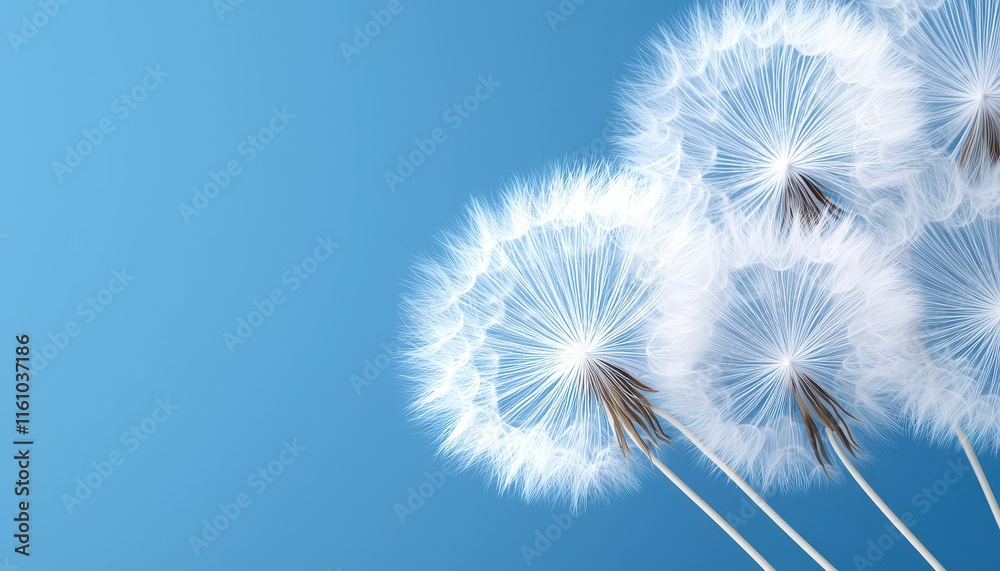 Fototapeta premium A close-up of delicate dandelion seeds against a soft blue background.
