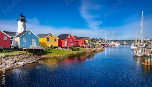 Colorful Coastal Houses Lighthouse Marina Boats Sea Summer