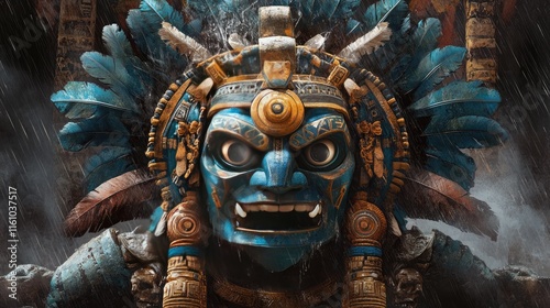Majestic Tlaloc Aztec God of Rain with Unique Mask and Water Symbols