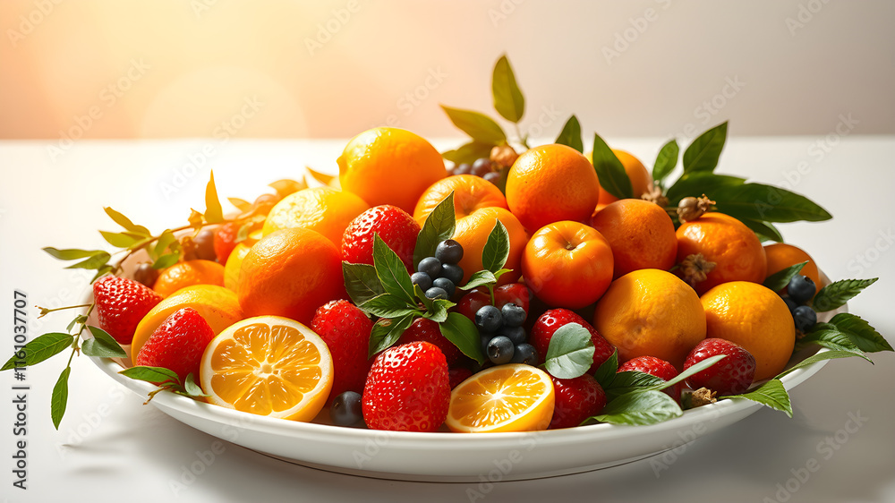 A white plate with a variety of fruits including oranges, strawberries A white plate with a variety of fruits including oranges, strawberries