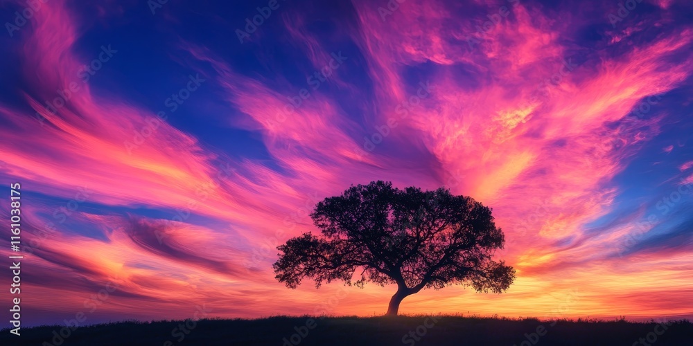 Obraz premium Stunning tree silhouette against a beautiful sky, showcasing the vibrant colors and serene atmosphere created by the beautiful sky that surrounds it, inviting a sense of peace and wonder.