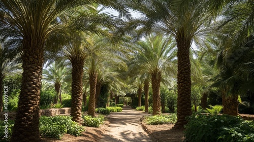 In a lush garden, tall palm trees bear ripe dates, creating a tropical paradise. The garden showcases the beauty of nature, with palm trees thriving and laden with sweet, ripe dates. photo