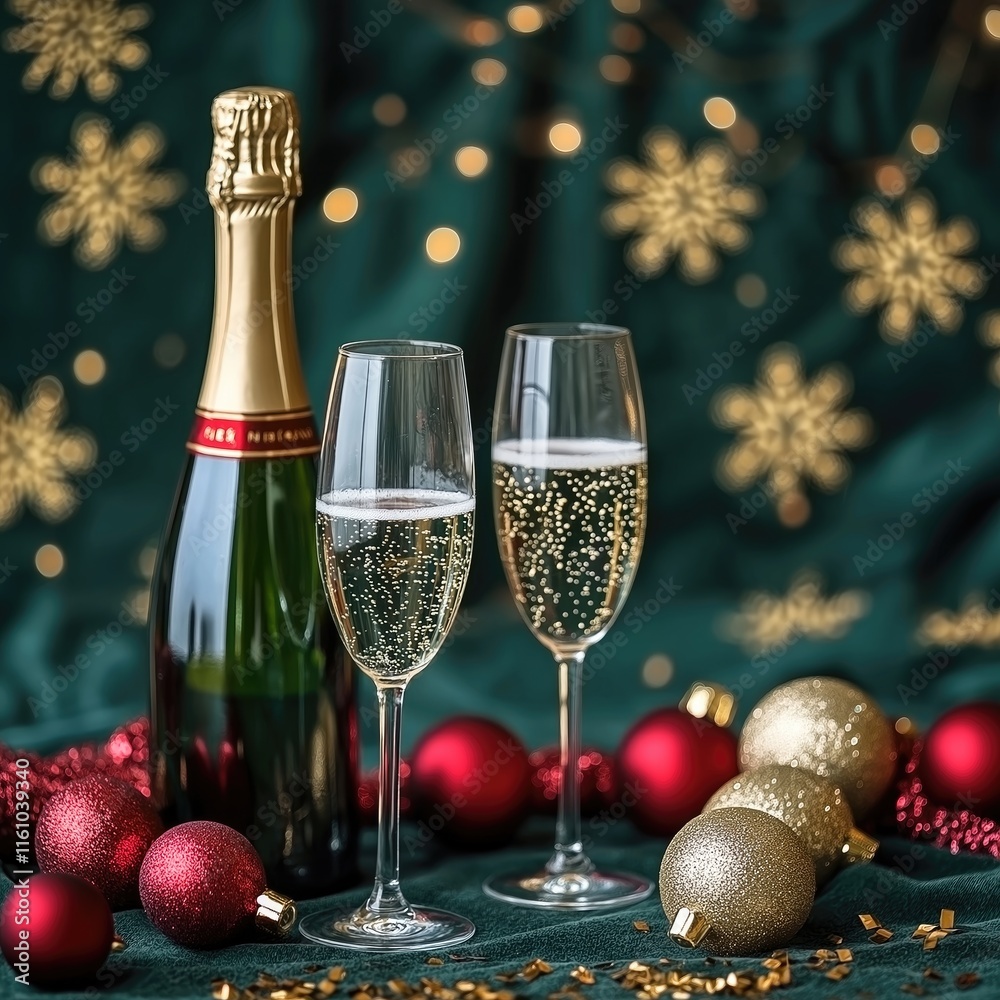 Fototapeta premium Elegant New Year and Christmas Toast with Champagne Bottle, Glass of Sparkling Wine, and Golden Christmas Decorations on a Dark Green Background with Bokeh and Warm Holiday Lights.