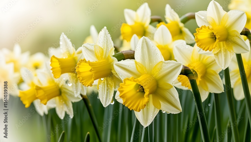 Bright Yellow Narcissus Flowers with Green Leaves Isolated on White Bright Yellow Narcissus Flowers with Green Leaves Isolated on White