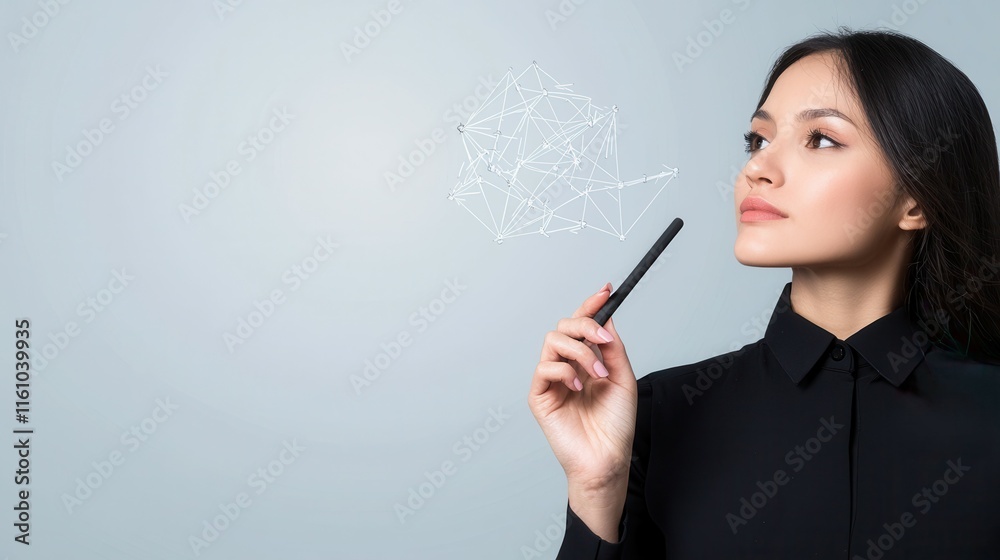 Financial risk analytics assessment concept. A thoughtful woman in a black shirt holds a pen, gazing upward as if lost in contemplation against a light gray background. Financial risk analytics assessment concept. A thoughtful woman in a black shirt holds a pen, gazing upward as if lost in contemplation against a light gray background.