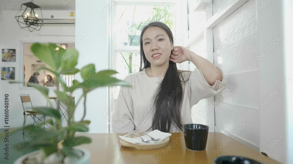 A woman sits at a table with a potted plant in front of her. She is wearing a white shirt and has her hands on her lap A woman sits at a table with a potted plant in front of her. She is wearing a white shirt and has her hands on her lap
