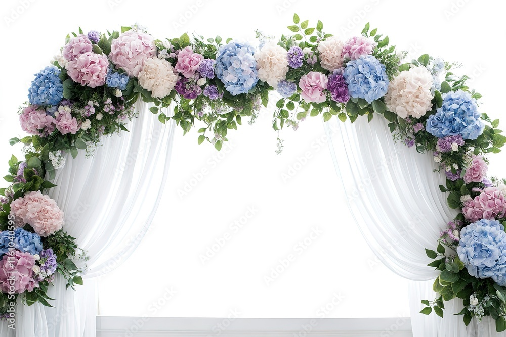 Floral archway with pastel hydrangeas and sheer white drapes, perfect for weddings or special events. Floral archway with pastel hydrangeas and sheer white drapes, perfect for weddings or special events.