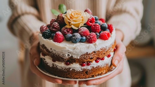 Hands holding berry cake with cream frosting,rose.