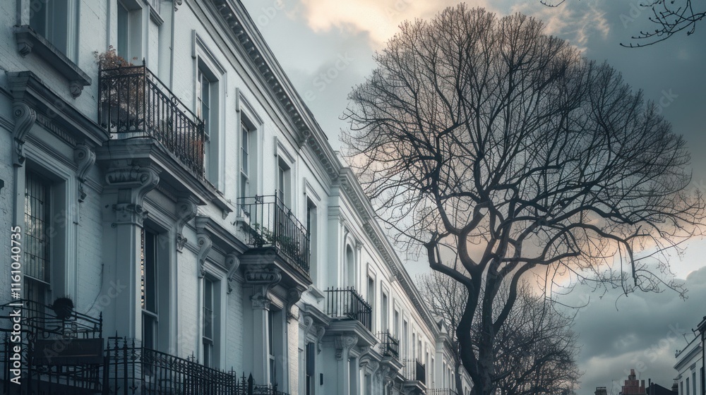 Row of townhouses, with bare tree, cloudy sky. Row of townhouses, with bare tree, cloudy sky.
