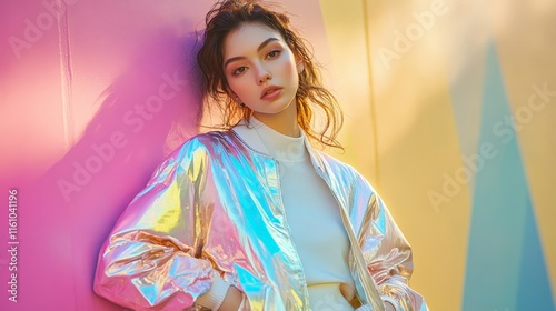 Woman in Holographic Jacket Against a Dreamy Pastel Background Embracing Futuristic Style