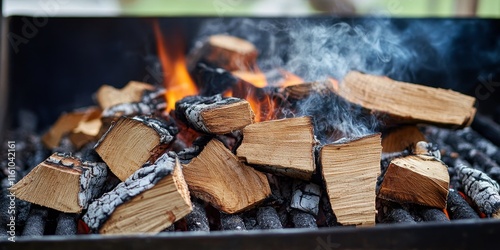 Close up of burning firewood in a grill, showcasing the preparation process for frying meat. The burning firewood creates an ideal setting for perfect meat frying.