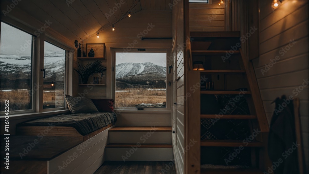 Fototapeta premium Cozy tiny house interior with scenic mountain view and warm lighting