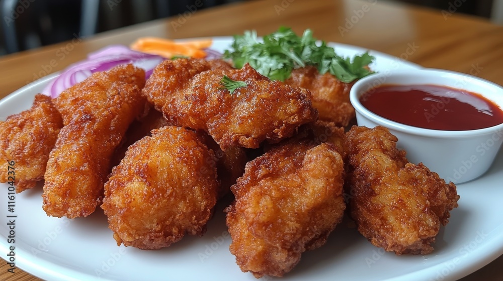 Crispy fried chicken pieces served with fresh vegetables and dipping sauce on a white plate Crispy fried chicken pieces served with fresh vegetables and dipping sauce on a white plate
