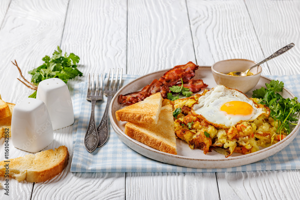 Bubble and Squeak with bacon, toasts, fried egg Bubble and Squeak with bacon, toasts, fried egg