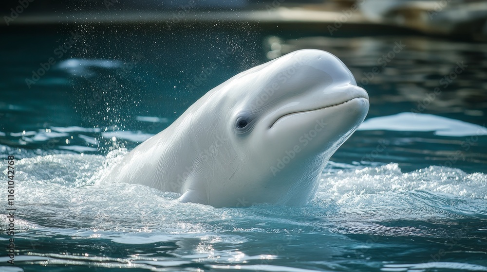 Naklejka premium Adult Beluga Whale, also known as the White Whale, emerges gracefully from the water, showcasing the distinctive features of the Beluga Whale in its natural habitat.