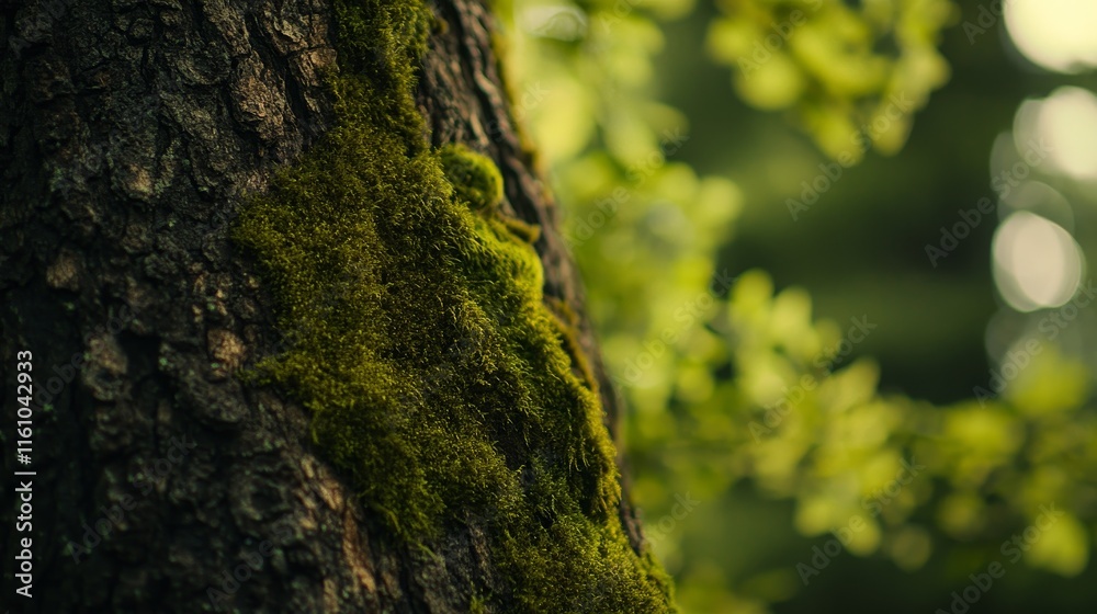 Obraz premium Moss in dark green hues adorns a tree trunk, creating a captivating view of nature. The texture of the dark green moss enhances the beauty of the tree trunk in a serene park setting.