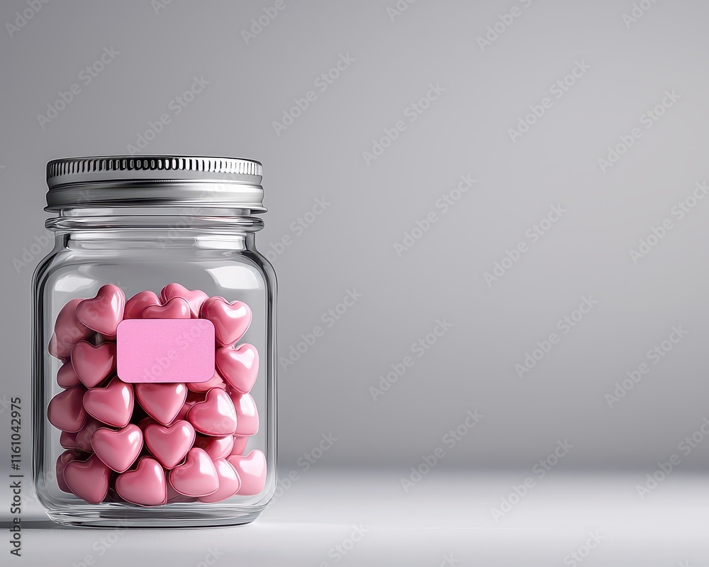 Glass jar filled with pink heart-shaped candies, perfect for love-themed decorations. Glass jar filled with pink heart-shaped candies, perfect for love-themed decorations.