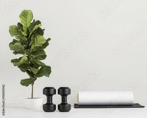 dumb bells stacked next to a rolled up yoga mat in front of a small sparse fiddle leaf fig tree photo