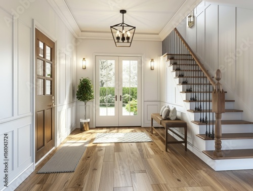 Large, open hallway with a wooden staircase leading up to a second floor. The staircase is made of wood and has a railing. The hallway is well lit and has a modern feel photo