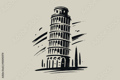 Minimalistic brush style illustration of the Leaning Tower of Pisa in black and white