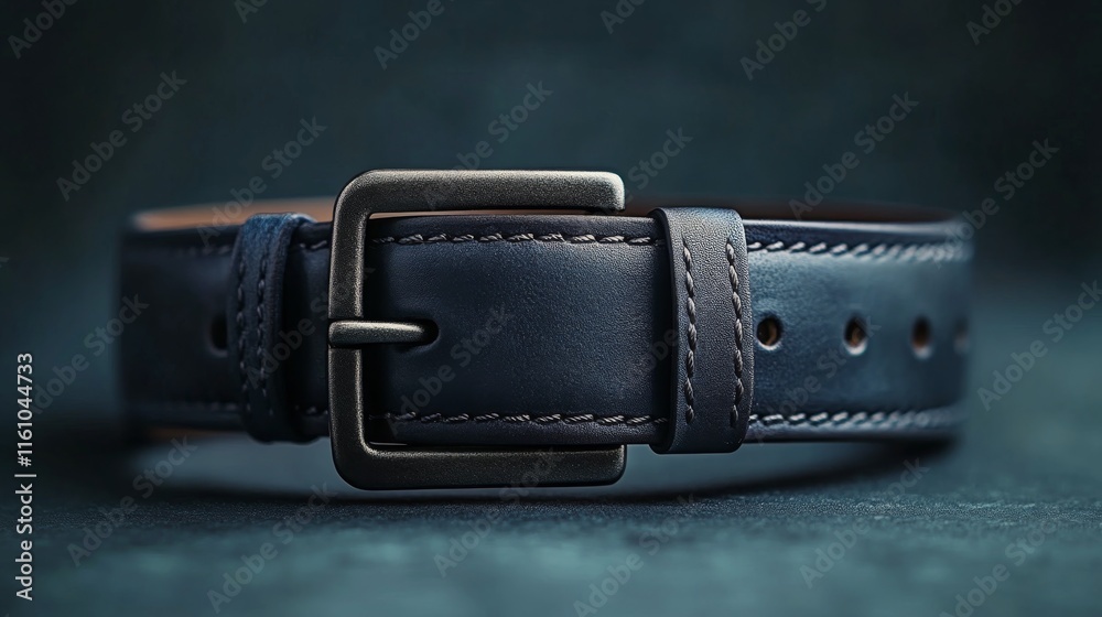 Classic handmade leather belt with detailed stitching and silver buckle on a dark background Classic handmade leather belt with detailed stitching and silver buckle on a dark background