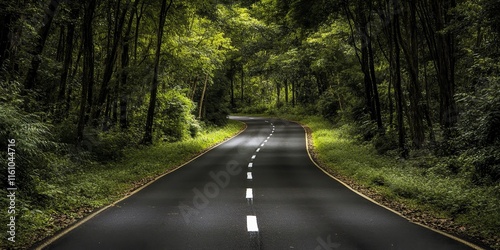 A vacant road winds through dense thicket, showcasing white road markings on the asphalt surface, inviting exploration along this serene and empty road. Embrace the tranquility of this empty road. photo