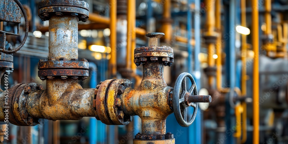 Industrial zone featuring intricate oil refining equipment. This image captures the close up details of oil pipelines and valves within an expansive oil refinery, highlighting the complexity of oil Industrial zone featuring intricate oil refining equipment. This image captures the close up details of oil pipelines and valves within an expansive oil refinery, highlighting the complexity of oil