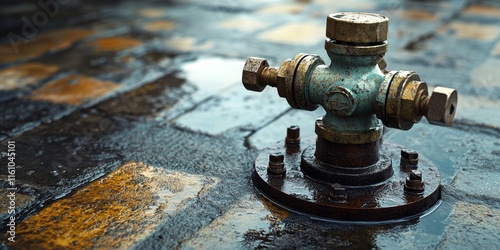 Water valve positioned on the ground, showcasing the intricate design of the water valve and its essential role in controlling water flow within various settings. The water valve is crucial for photo