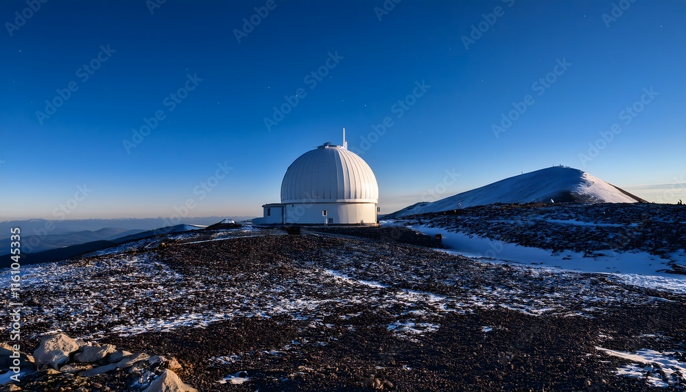 Obraz premium Mountaintop Observatory Stargazing Dome Winter Landscape Snowy Peaks