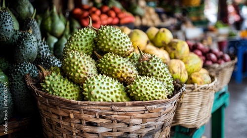 Fresh soursop fruits, also known as graviola, are available for sale at a vibrant market stall, showcasing the delicious soursop among a variety of other vegetables and fruits. photo