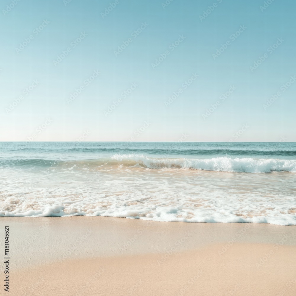 Soft waves gently lapping on a serene beach under a clear sky with ample space for text or messages. Generative AI Soft waves gently lapping on a serene beach under a clear sky with ample space for text or messages. Generative AI