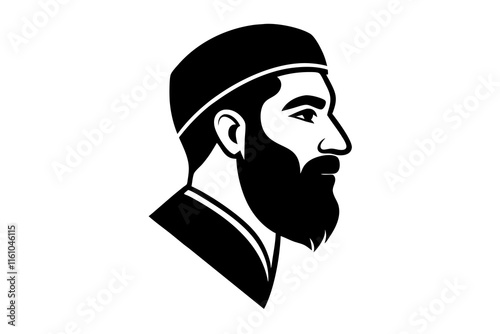 Black and White Vector Illustration of a Bearded Man Wearing an Islamic Traditional Cap in Profile View