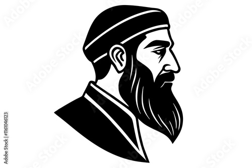 Black and White Vector Illustration of a Bearded Man Wearing an Islamic Traditional Cap in Profile View