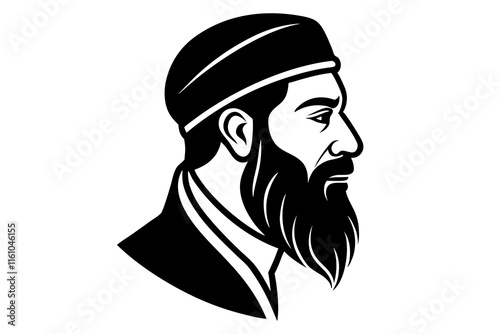 Black and White Vector Illustration of a Bearded Man Wearing an Islamic Traditional Cap in Profile View