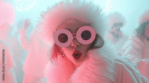 Dancers in winter wonderland outfits enjoy a vibrant rave with misty neon lights and festive vibes