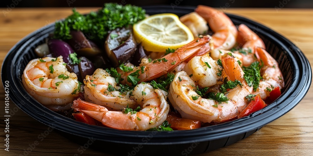 Boiled shrimps accompanied by mixed garlic, lemon, parsley, pepper, onion, and tomato, along with pickled eggplant and tahini sauce, presented in a disposable black plate against a wooden backdrop. Boiled shrimps accompanied by mixed garlic, lemon, parsley, pepper, onion, and tomato, along with pickled eggplant and tahini sauce, presented in a disposable black plate against a wooden backdrop.