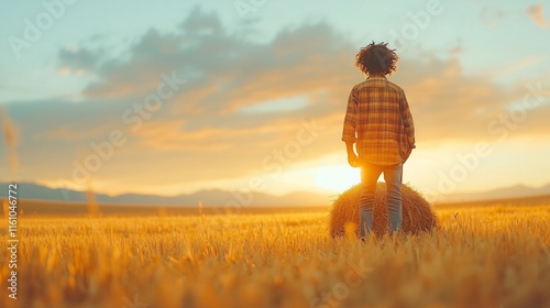 Youthful DJ mixing music on a hay bale during sunset at a rustic farm, blending nature and sound in harmony