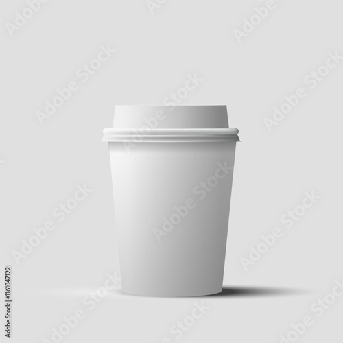 Realistic blank mock up paper cups with plastic lid. Coffee to go, take out mug. Vector illustration isolated