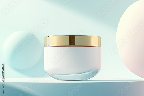 Cosmetic cream jar resting on a display stand in a modern setting