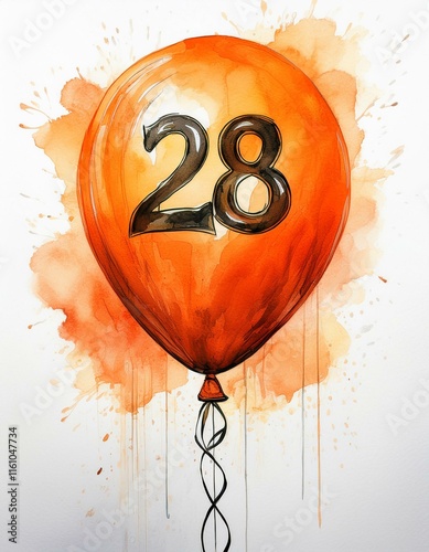 Orange birthday / anniversary balloon, number 28, watercolor painting with white background photo