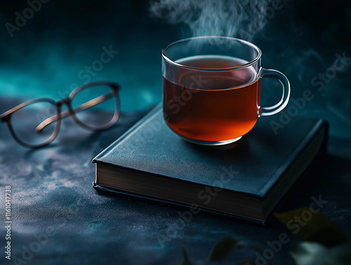 Entspannte Lesezeit mit Tee, Brille und Buch in gemütlicher Umgebung

 photo