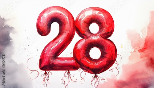 Red birthday / anniversary balloon, number 28, watercolor painting with white background photo