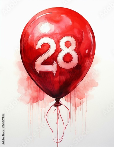 Red birthday / anniversary balloon, number 28, watercolor painting with white background photo