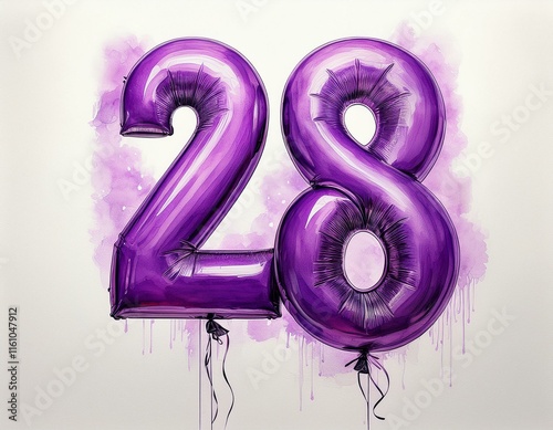 Purple birthday / anniversary balloon, number 28, watercolor painting with white background photo