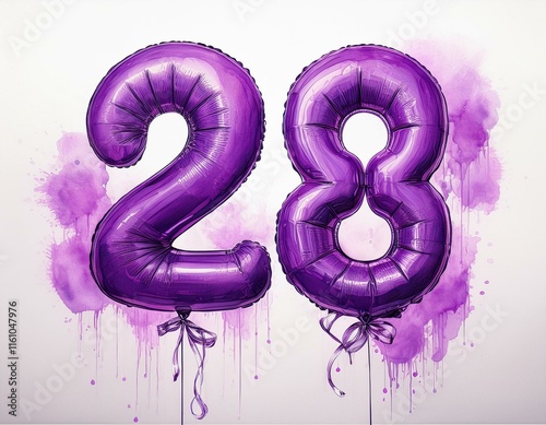 Purple birthday / anniversary balloon, number 28, watercolor painting with white background photo