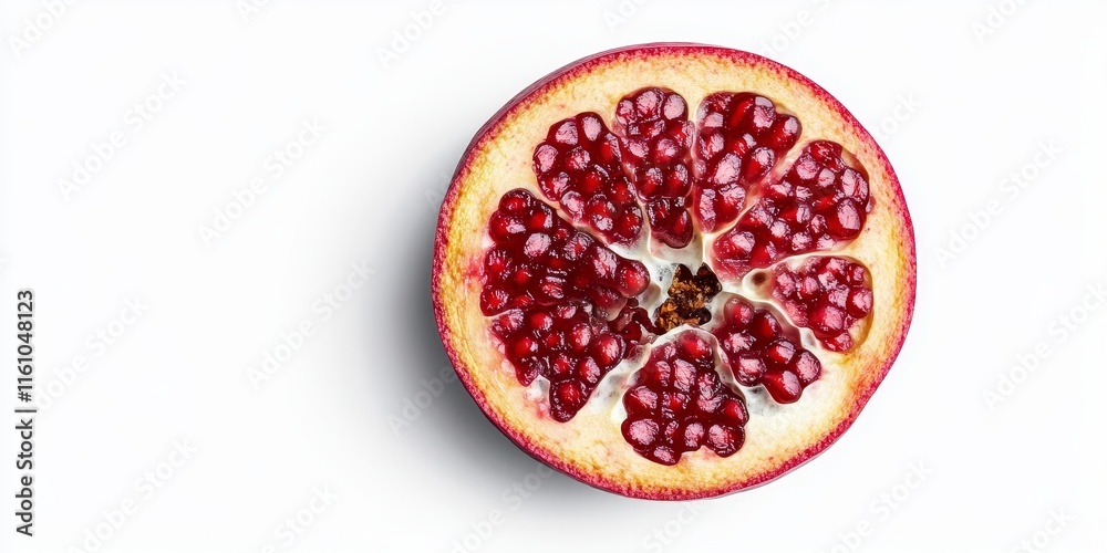 Sliced pomegranate half shown on a white background, viewed from above the vibrant pomegranate reveals its rich color and texture in this striking top view of a pomegranate. Sliced pomegranate half shown on a white background, viewed from above the vibrant pomegranate reveals its rich color and texture in this striking top view of a pomegranate.