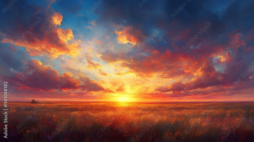 Fototapeta premium Majestic Sunset Over Serene Field with Colorful Clouds - Generative AI