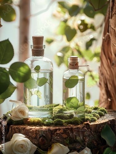 Clear glass bottles on moss and wood, rose leaves around, white clean background. photo