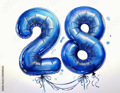 Blue birthday / anniversary balloon, number 28, watercolor painting with white background photo