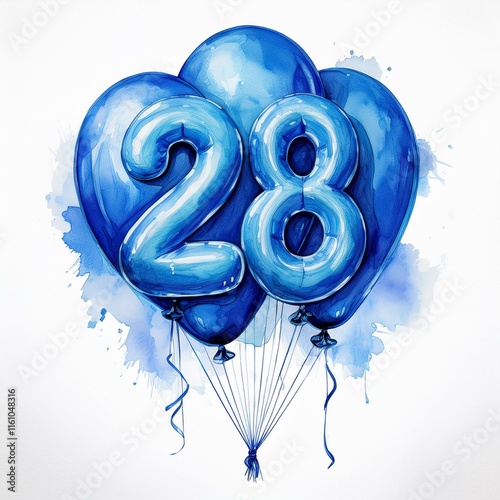 Blue birthday / anniversary balloon, number 28, watercolor painting with white background photo